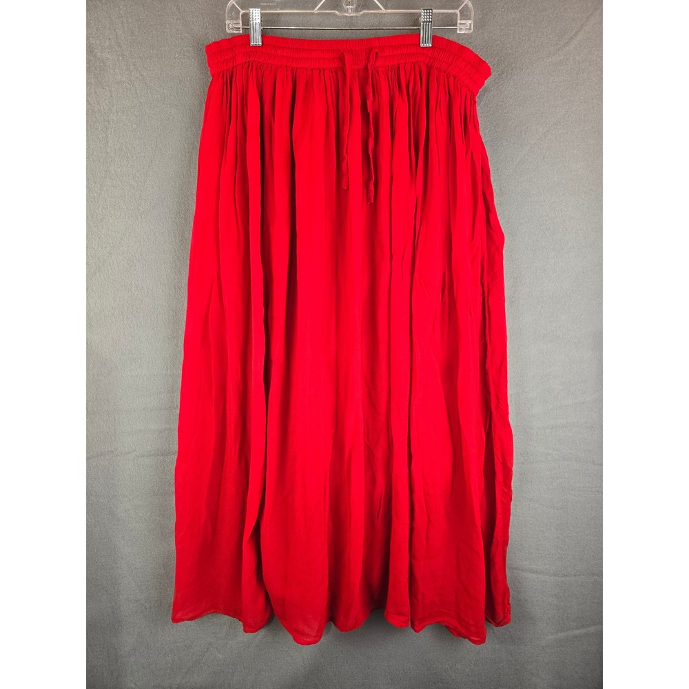Her Style Maxi Skirt Women OS Red Rayon Elastic Waist Flowy Boho Peasant